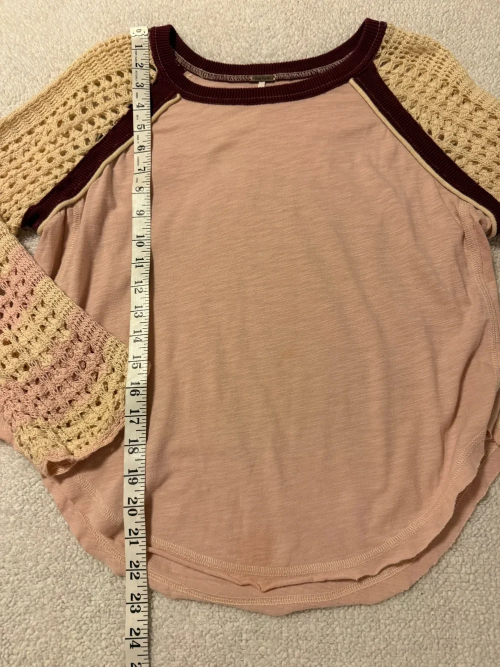Free People Finders Keepers Rose Pink Cream Crochet Raglan Sleeve Boho Top S